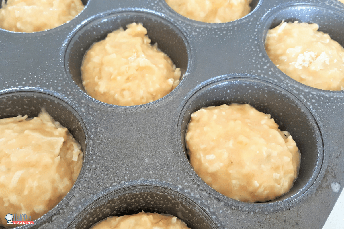 banana coconut muffins-batter in tin